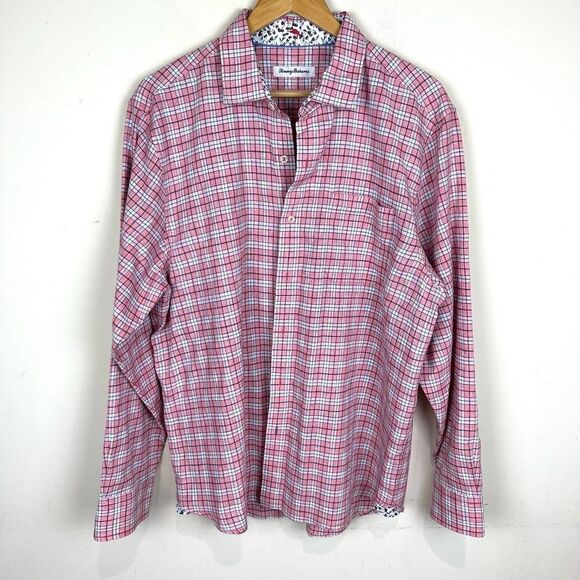 Tommy Bahama Linen Sorona Pink Plaid Button Up Shirt Men’s L EUC - Picture 1 of 11